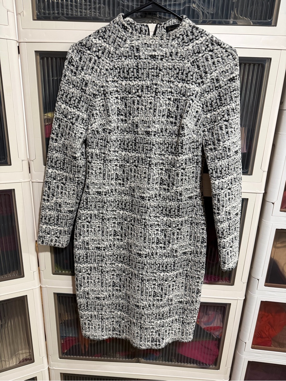 Donna Karan Black and White Textured Knit Long Sleeve Dress